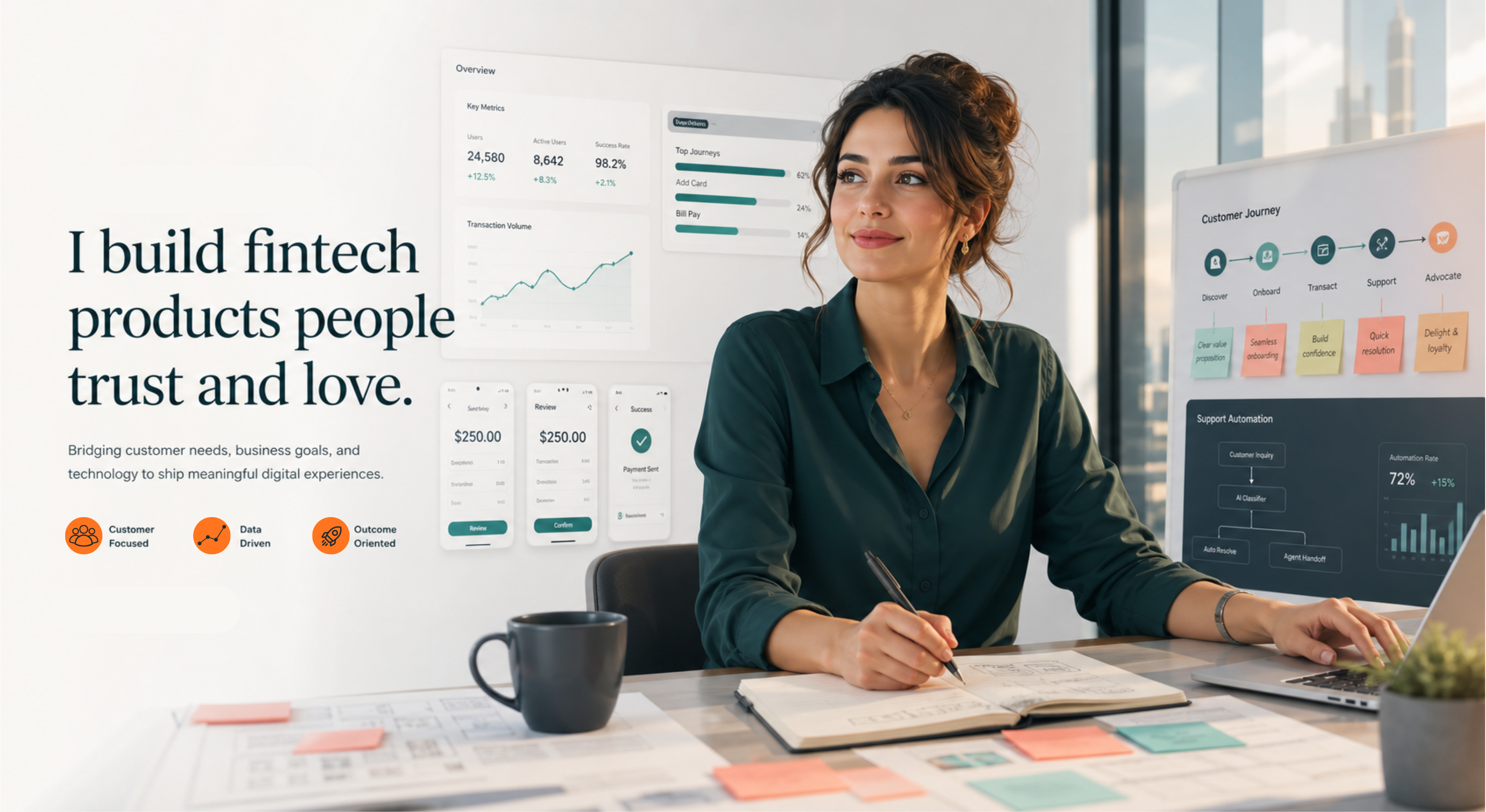 Product owner working with fintech product dashboards