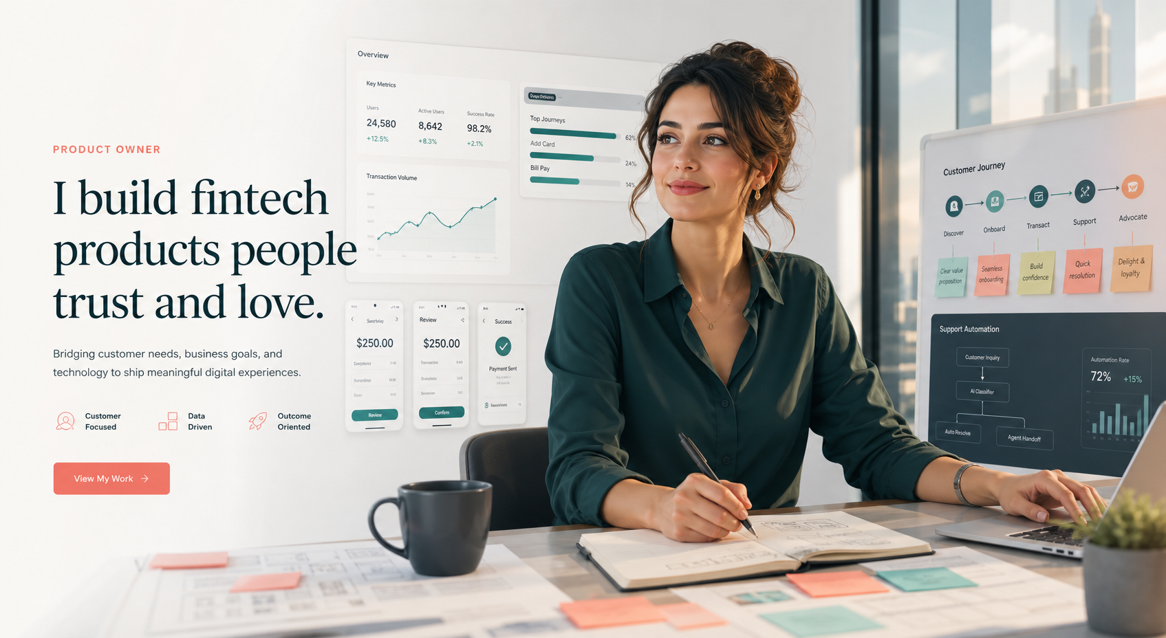 Product owner working with fintech product dashboards
